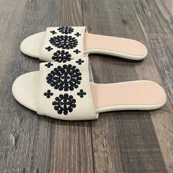 NWT J. Crew Cream & Black Floral Embroidered Slide Sandals Size 8 Summer Linen - Picture 4 of 7